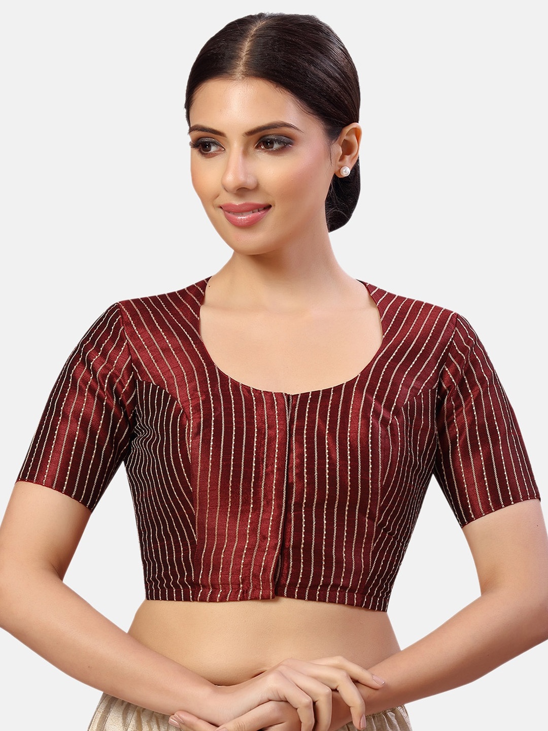 

Studio Shringaar Striped Silk Saree Blouse, Maroon