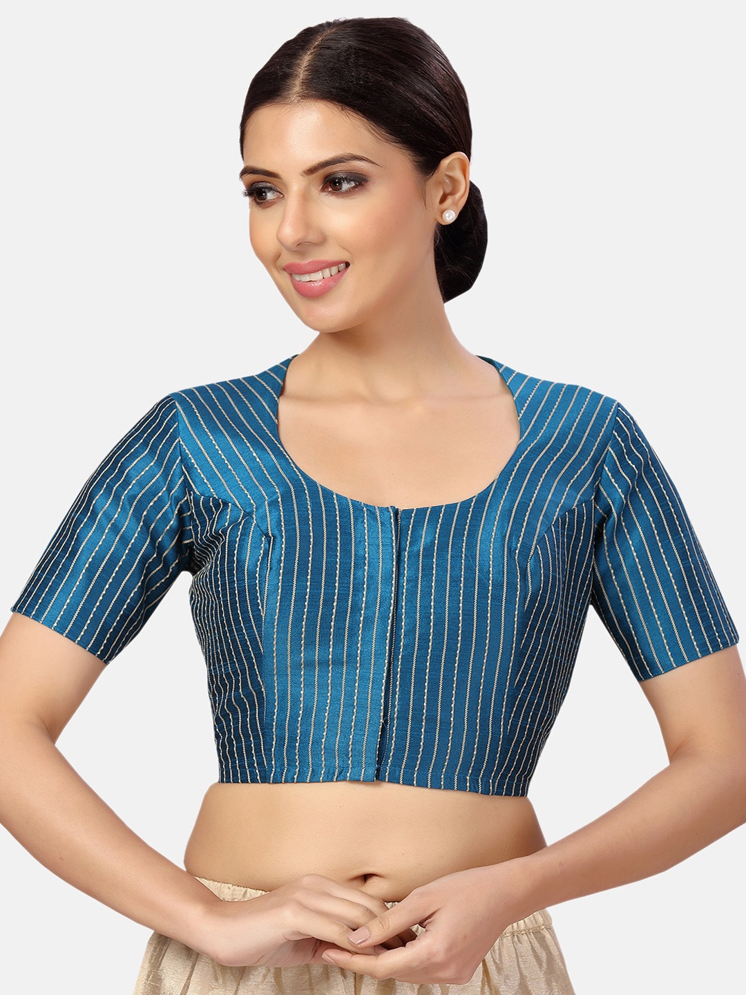 

Studio Shringaar Striped Silk Saree Blouse, Turquoise blue