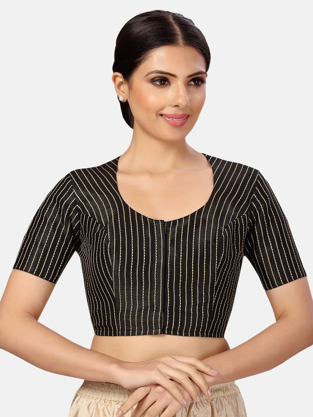 

Studio Shringaar Striped Silk Saree Blouse, Black