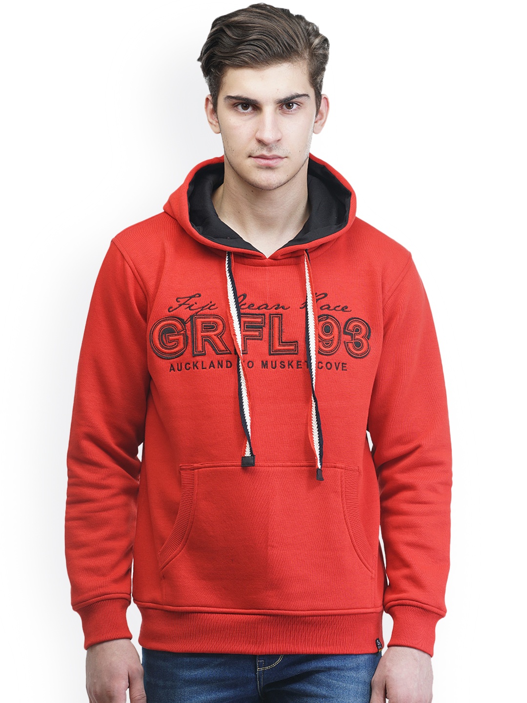 

GRIFFEL Men Red Printed Hooded Sweatshirt