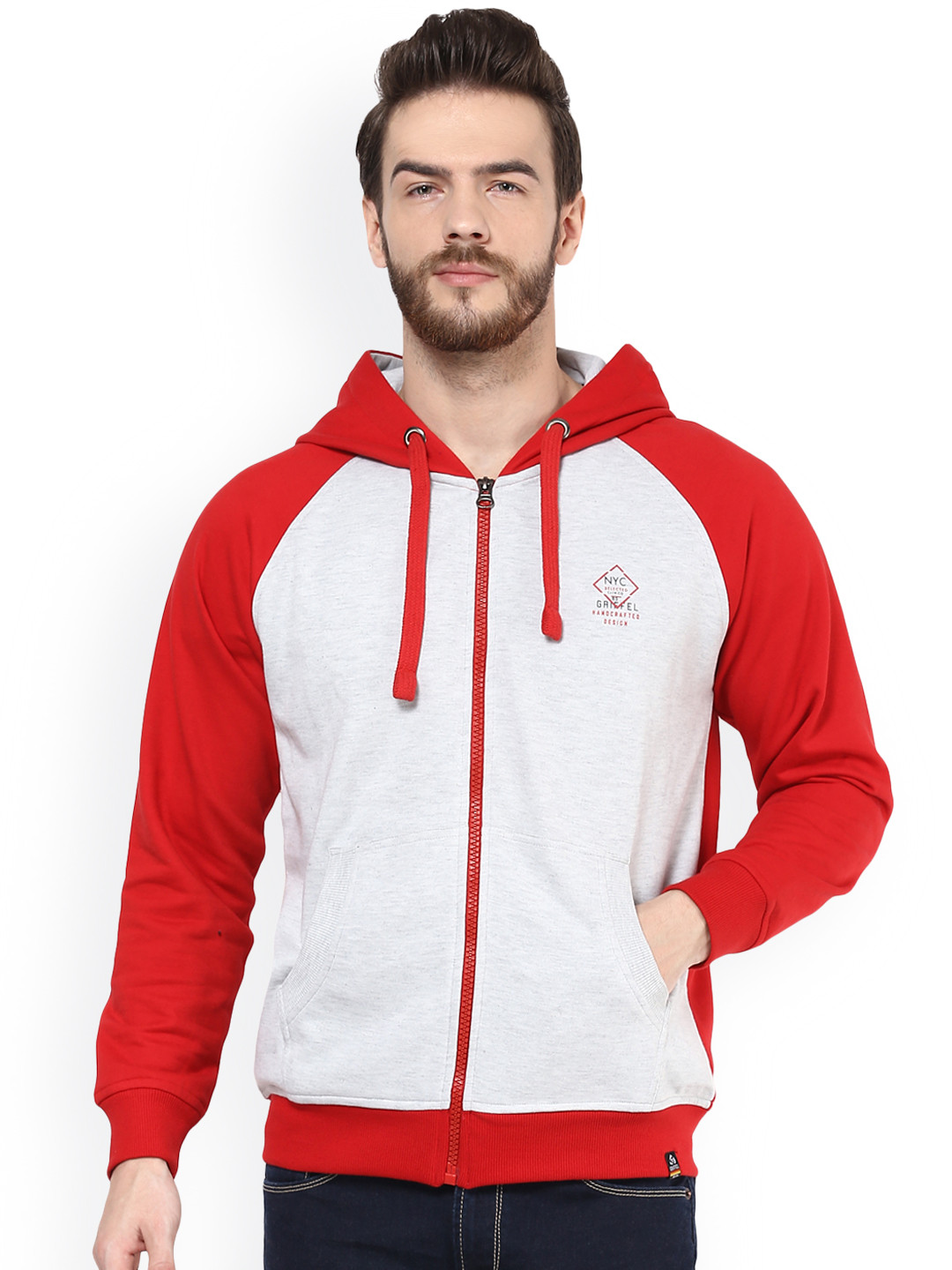 

GRIFFEL Men Red & Off-White Solid Hooded Sweatshirt