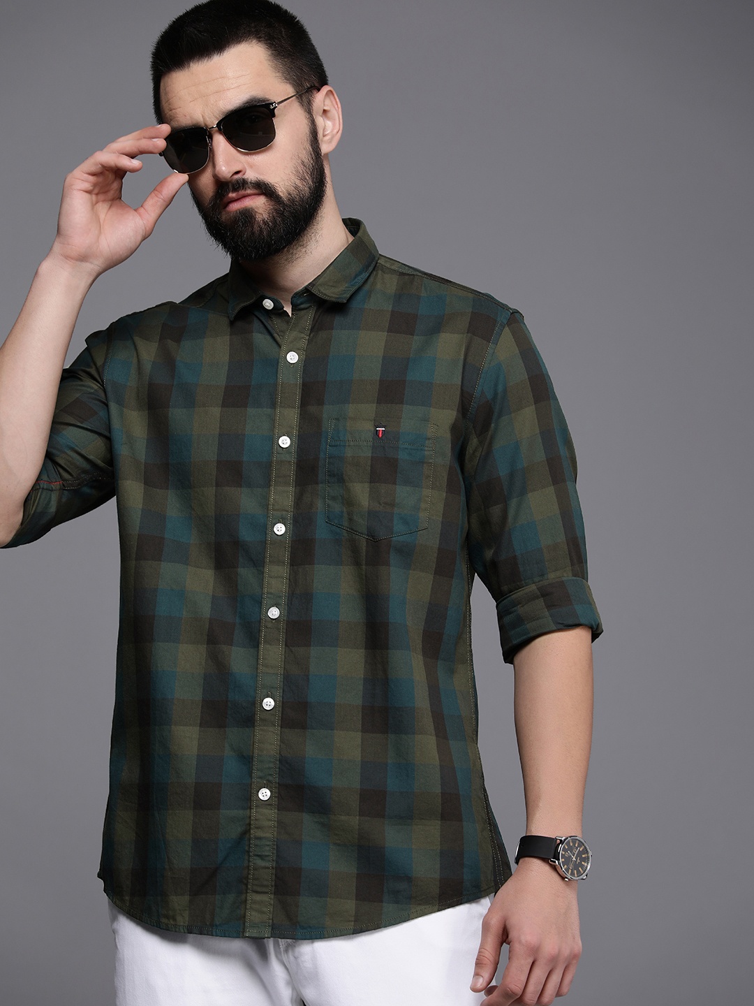 

Louis Philippe Jeans Slim Fit Buffalo Checks Pure Cotton Casual Shirt, Olive