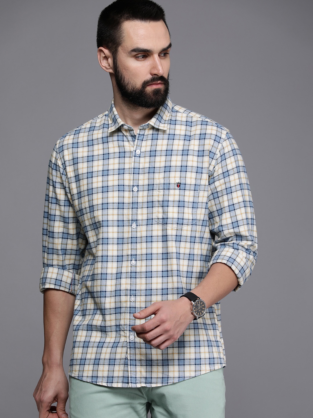 

Louis Philippe Jeans Slim Fit Checked Pure Cotton Casual Shirt, Blue