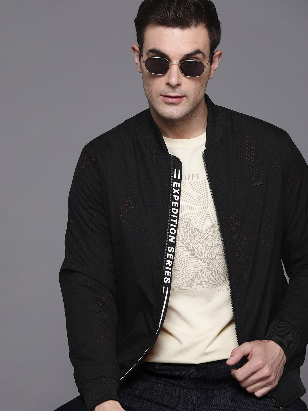 

Louis Philippe Jeans Micro Print Perforated Bomber Jacket, Black