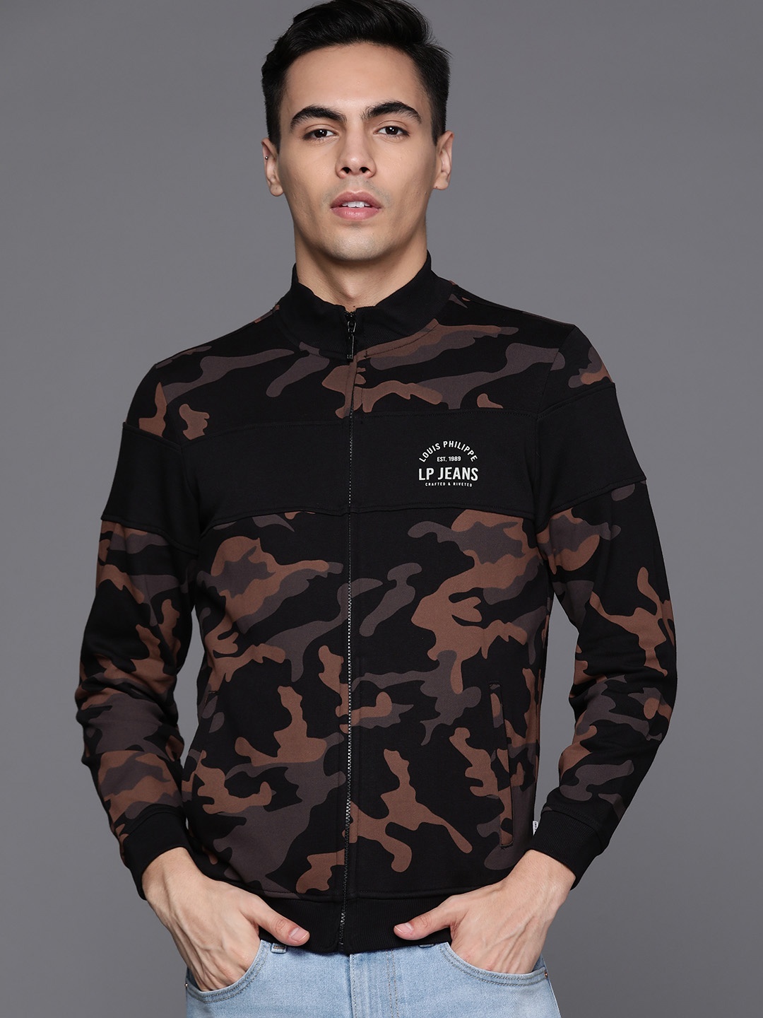 

Louis Philippe Jeans Front-Open Printed Pure Cotton Sweatshirt, Black