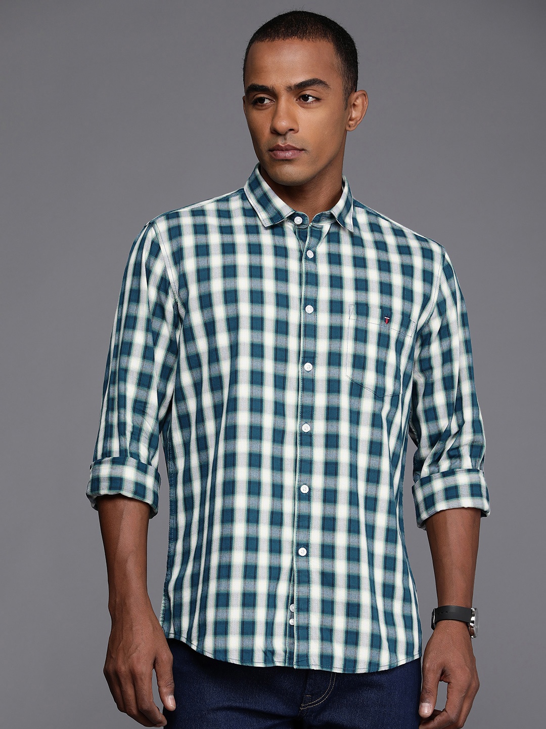 

Louis Philippe Jeans Pure Cotton Slim Fit Checked Casual Shirt, Blue