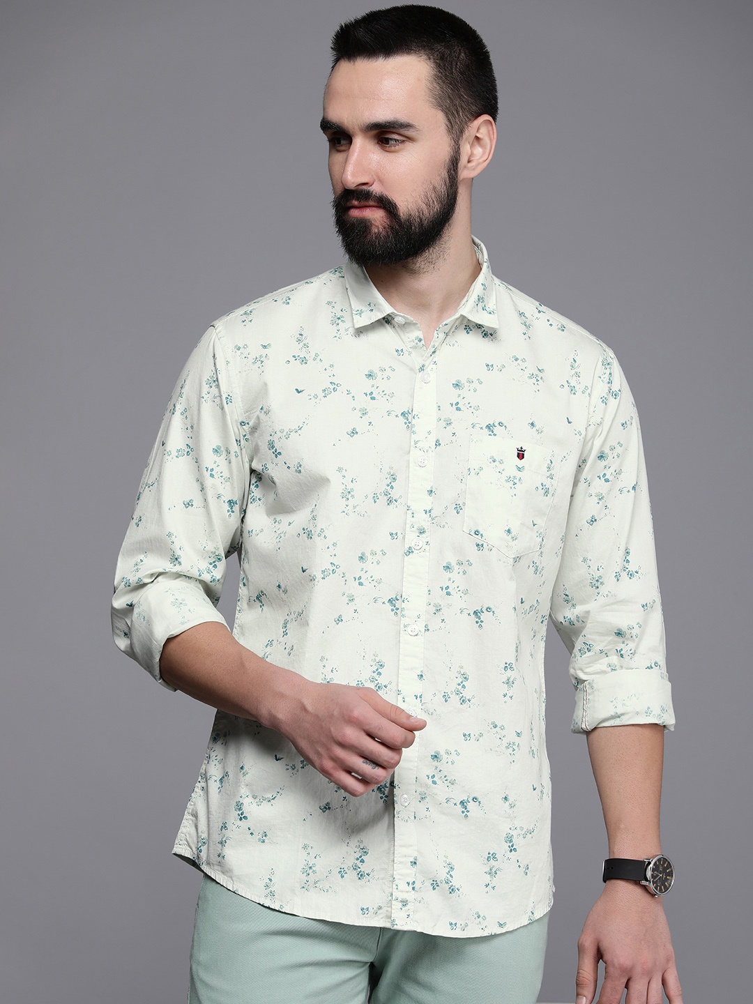 

Louis Philippe Jeans Slim Fit Floral Printed Pure Cotton Casual Shirt, Green