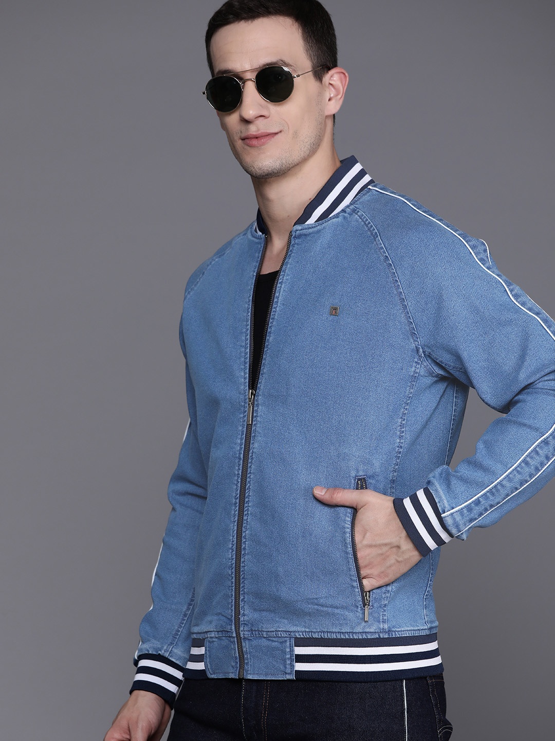 

Louis Philippe Jeans Denim Bomber Jacket, Navy blue