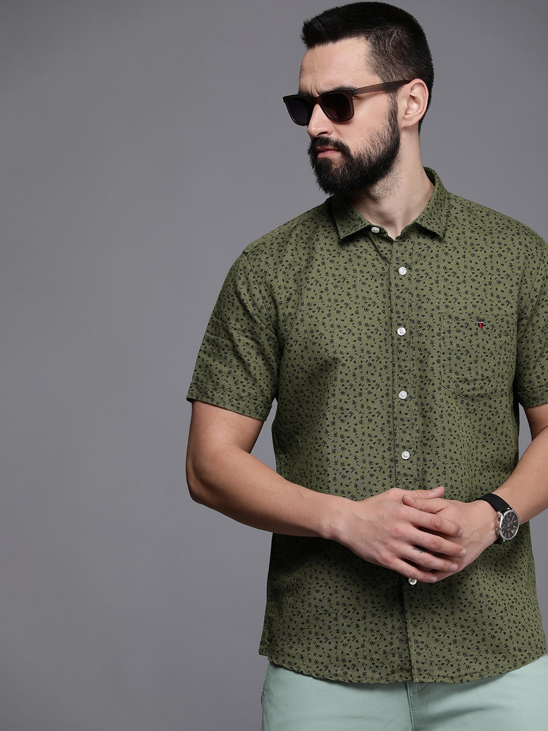 

Louis Philippe Jeans Slim Fit Tropical Printed Linen Cotton Casual Shirt, Olive