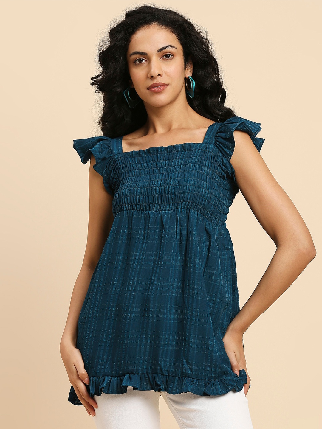 

GUFRINA Checked Flutter Sleeve Smocked Empire Top, Teal