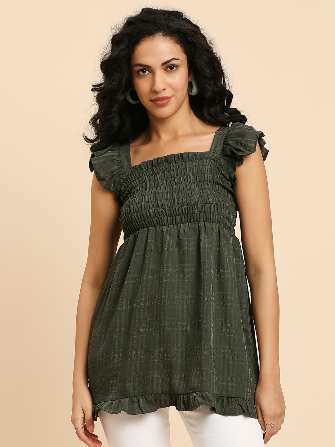 

GUFRINA Flutter Sleeve Smocked Empire Top, Grey
