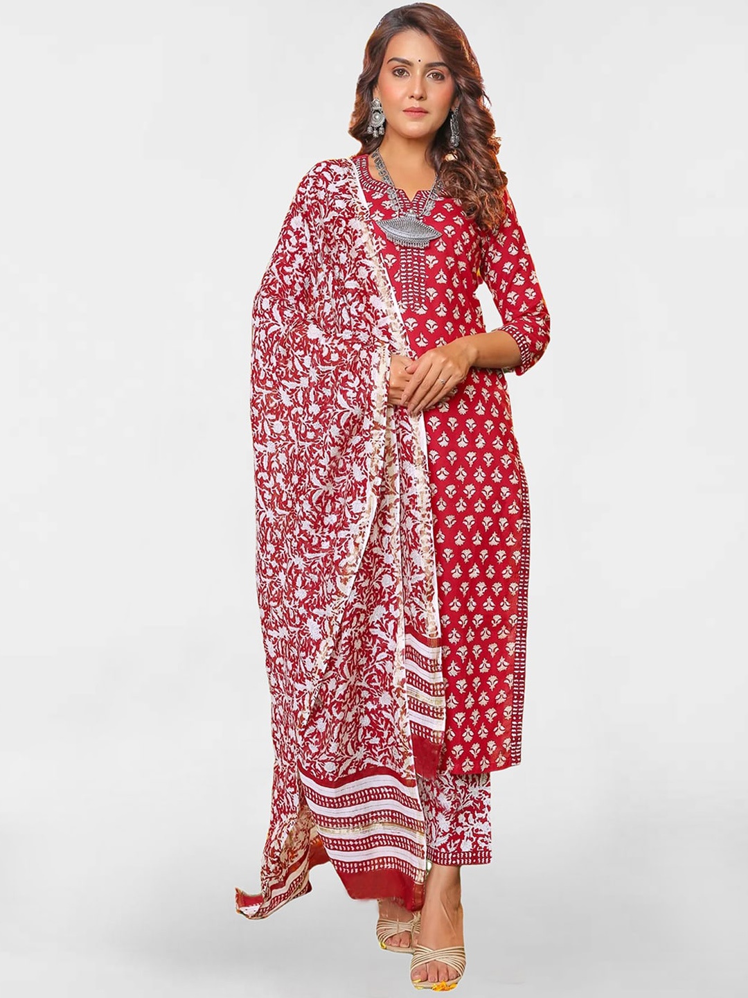 

KALINI Ethnic Motif Printed Regular Kurta With Trousers & Dupatta, Red