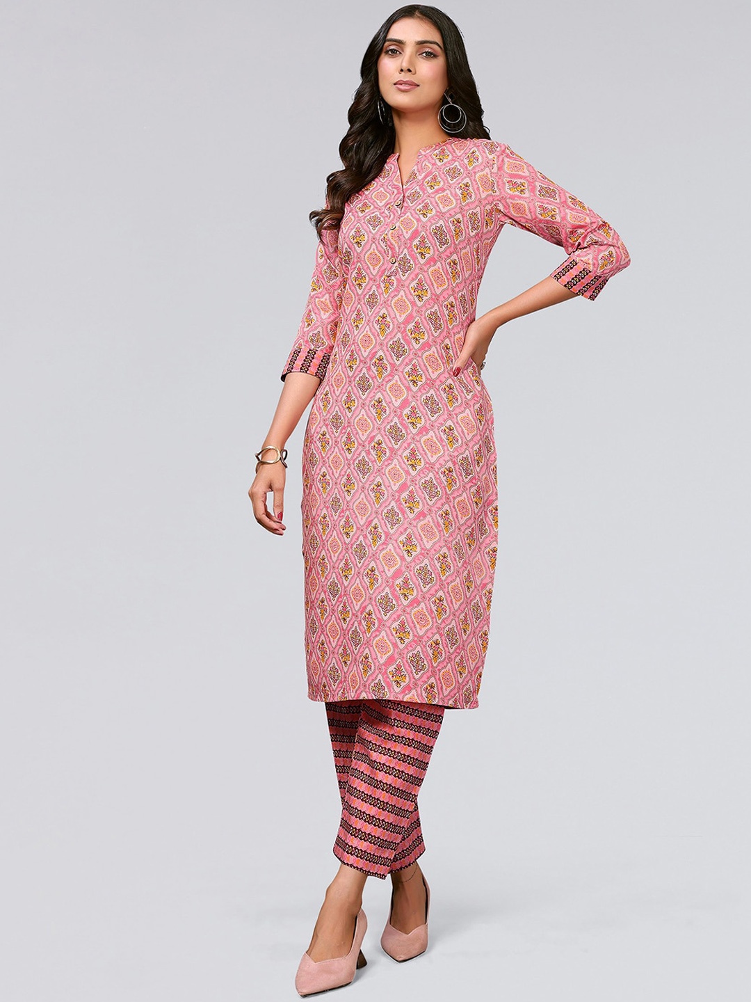 

KALINI Ethnic Motifs Printed mandarin Collar Regular Kurta with Trousers, Pink