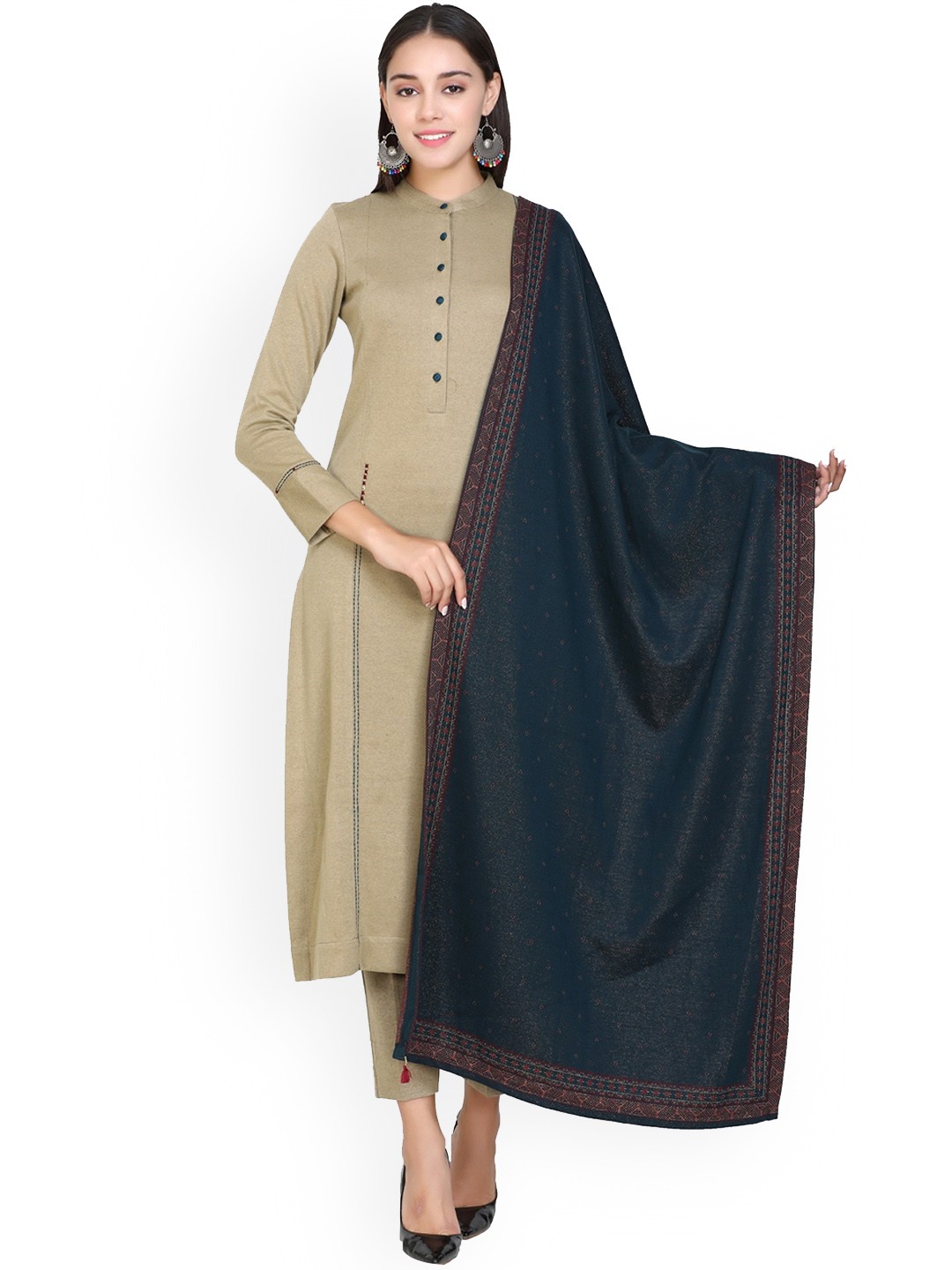 

STADO Striped Embroidered Thread Work Pure Wool Kurta Set, Beige