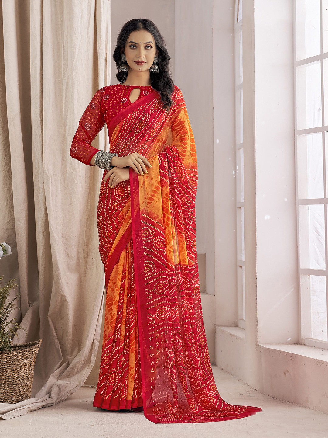 

Mitera Red Bandhani Printed Bandhani Saree