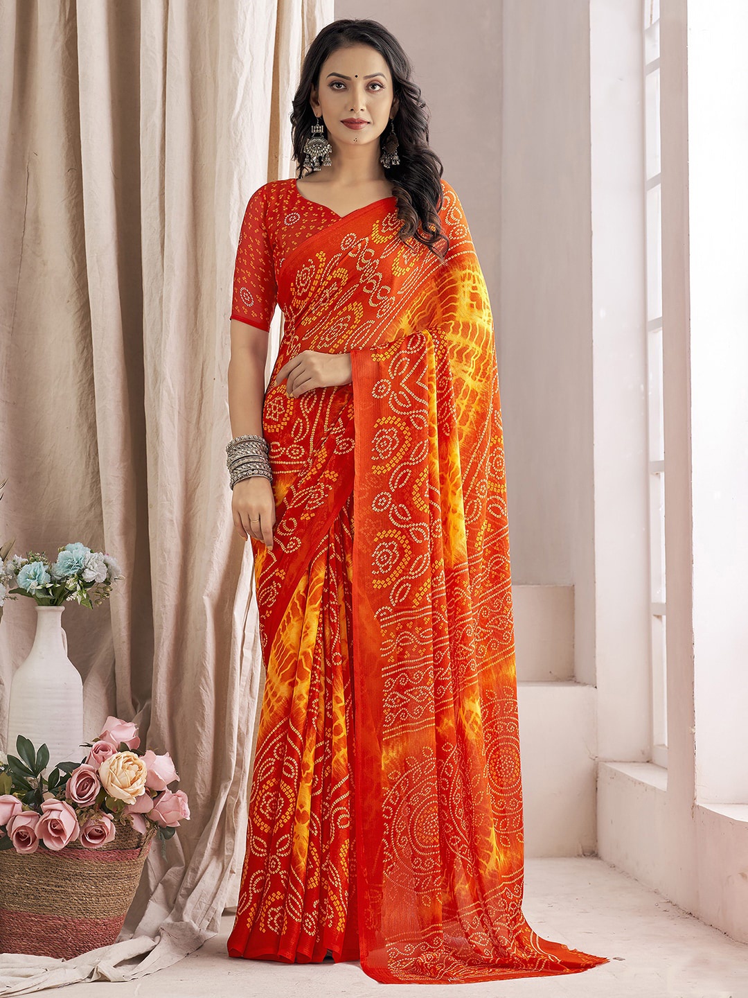 

Mitera Orange Bandhani Printed Bandhani Saree