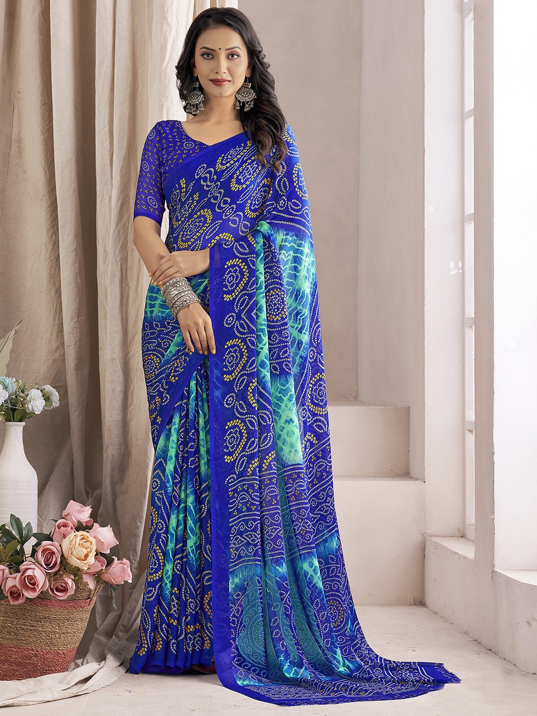 

Mitera Bandhani Printed Bandhani Saree, Blue