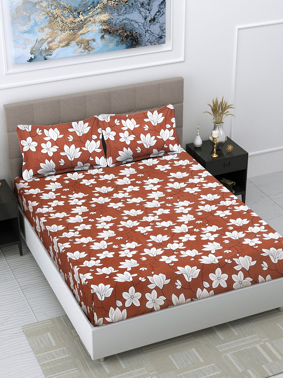 

FABINALIV Rust & White Floral 300 TC Fitted King Bedsheet with 2 Pillow Covers