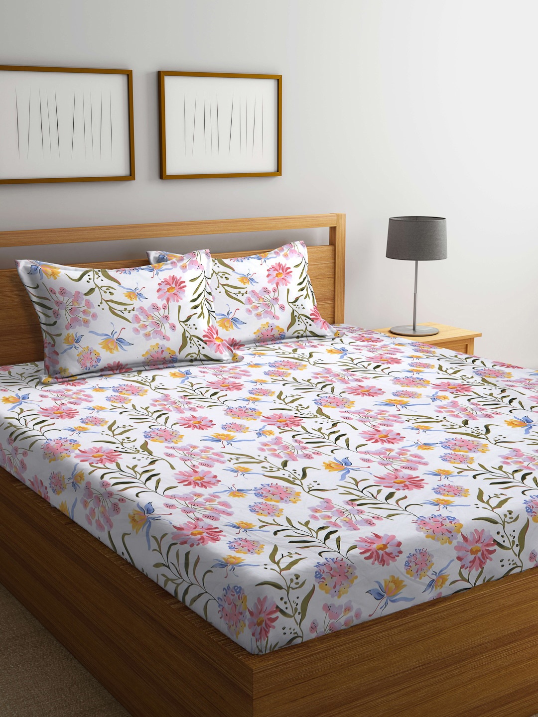 

FABINALIV White & Pink Floral 300 TC Fitted King Bedsheet with 2 Pillow Covers