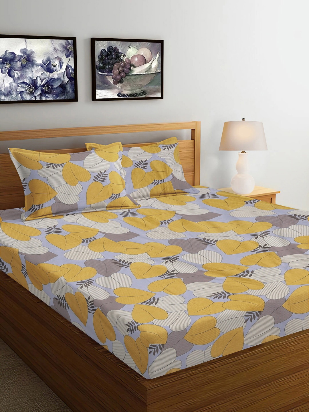 

FABINALIV Yellow & Grey Floral 300 TC Fitted King Bedsheet with 2 Pillow Covers