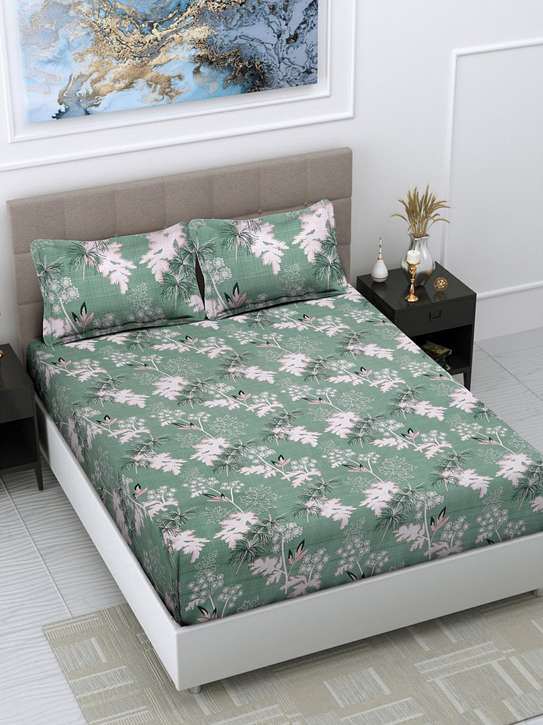 

FABINALIV Green & Pink Floral 300 TC Fitted King Bedsheet with 2 Pillow Covers
