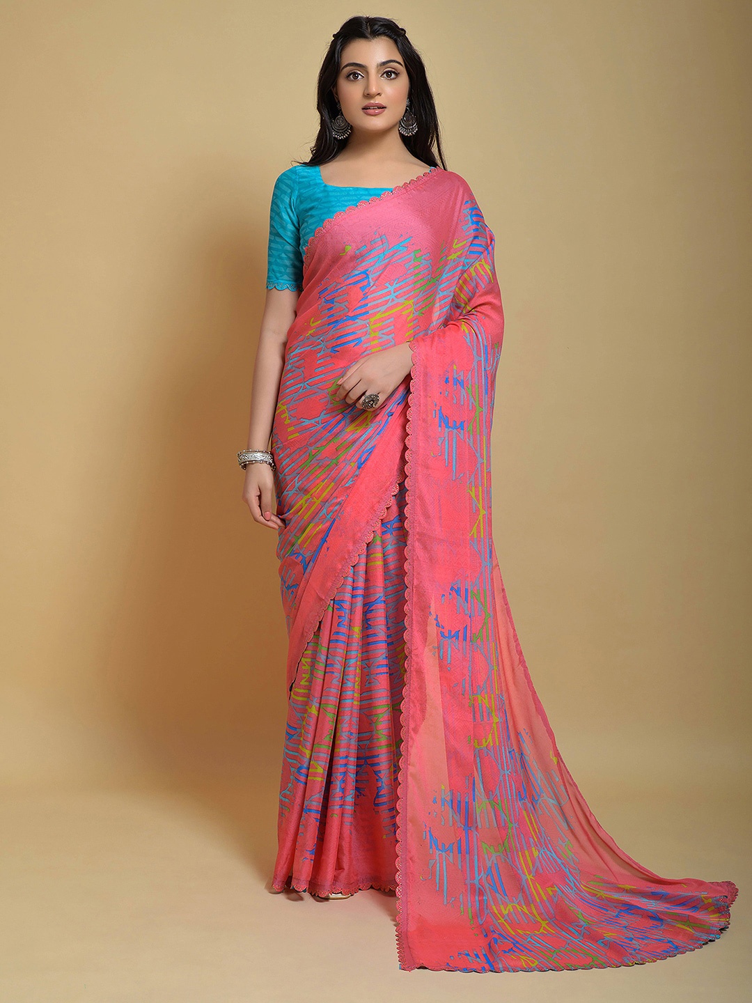 

Satrani Geometric Printed Beads and Stones Poly Georgette Saree, Pink
