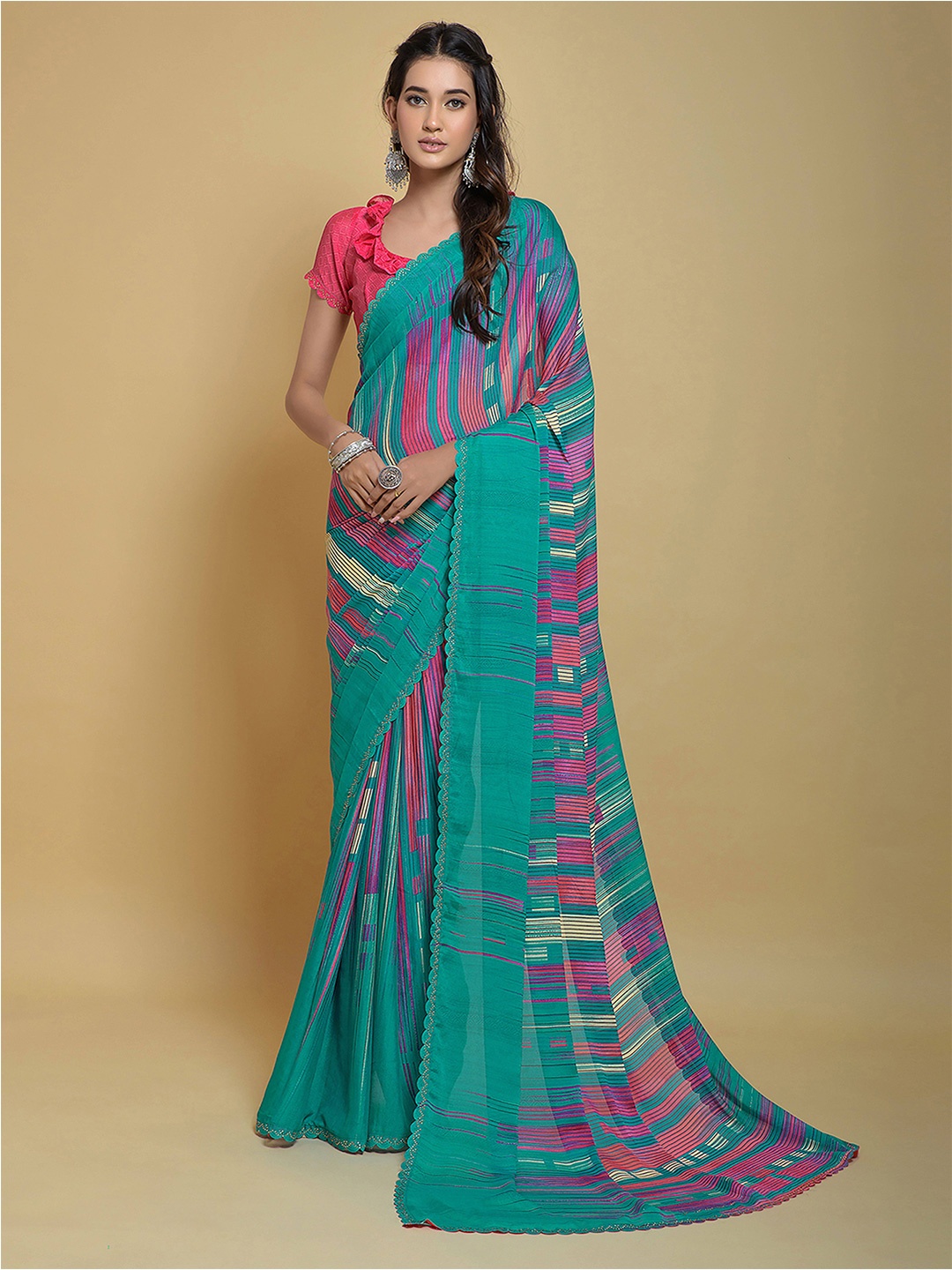 

Satrani Green Striped Embellished Border Saree, Teal