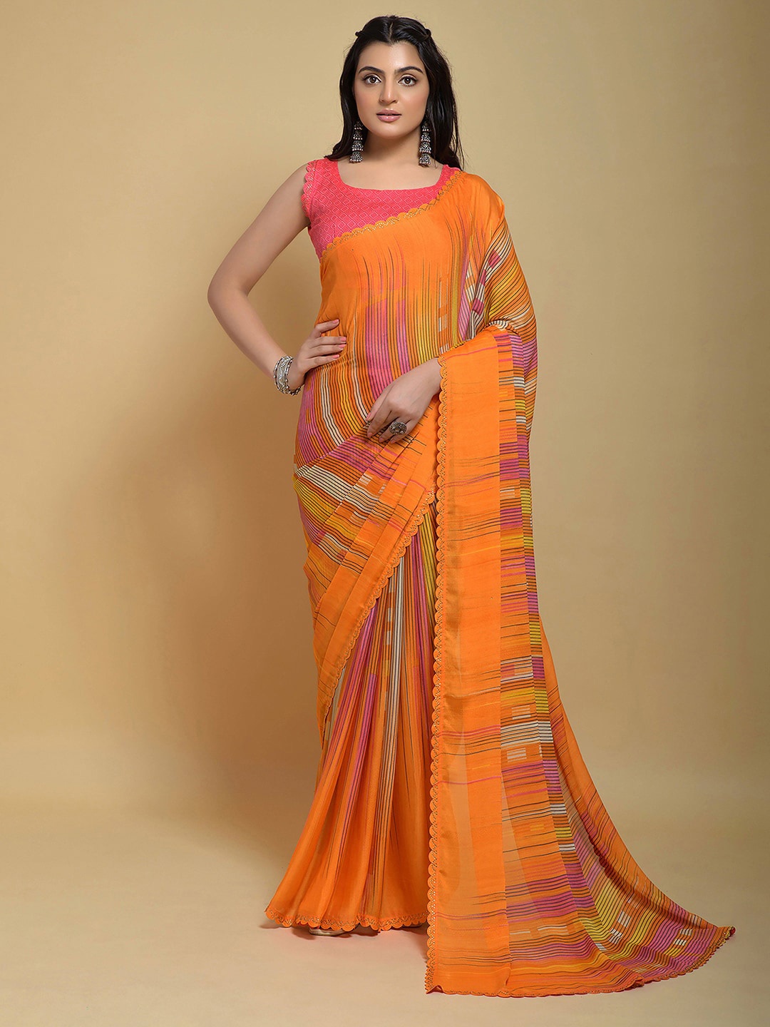 

Satrani Orange-Coloured Striped Embellished Border Saree