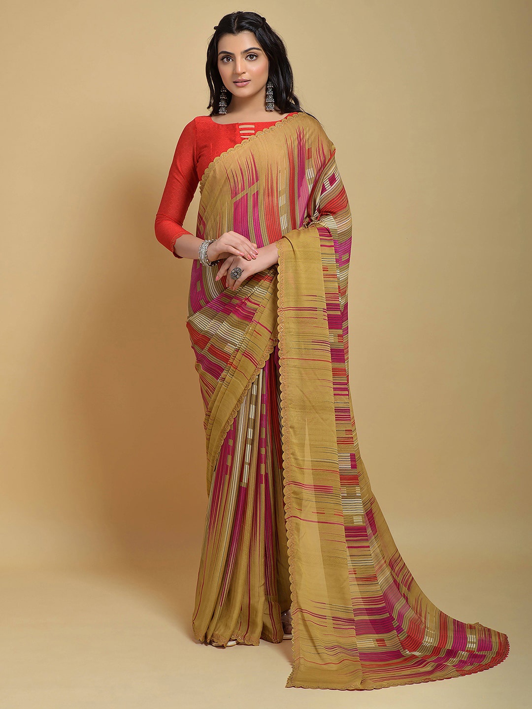 

Satrani Beige & Red Geometric Printed Embellished Saree