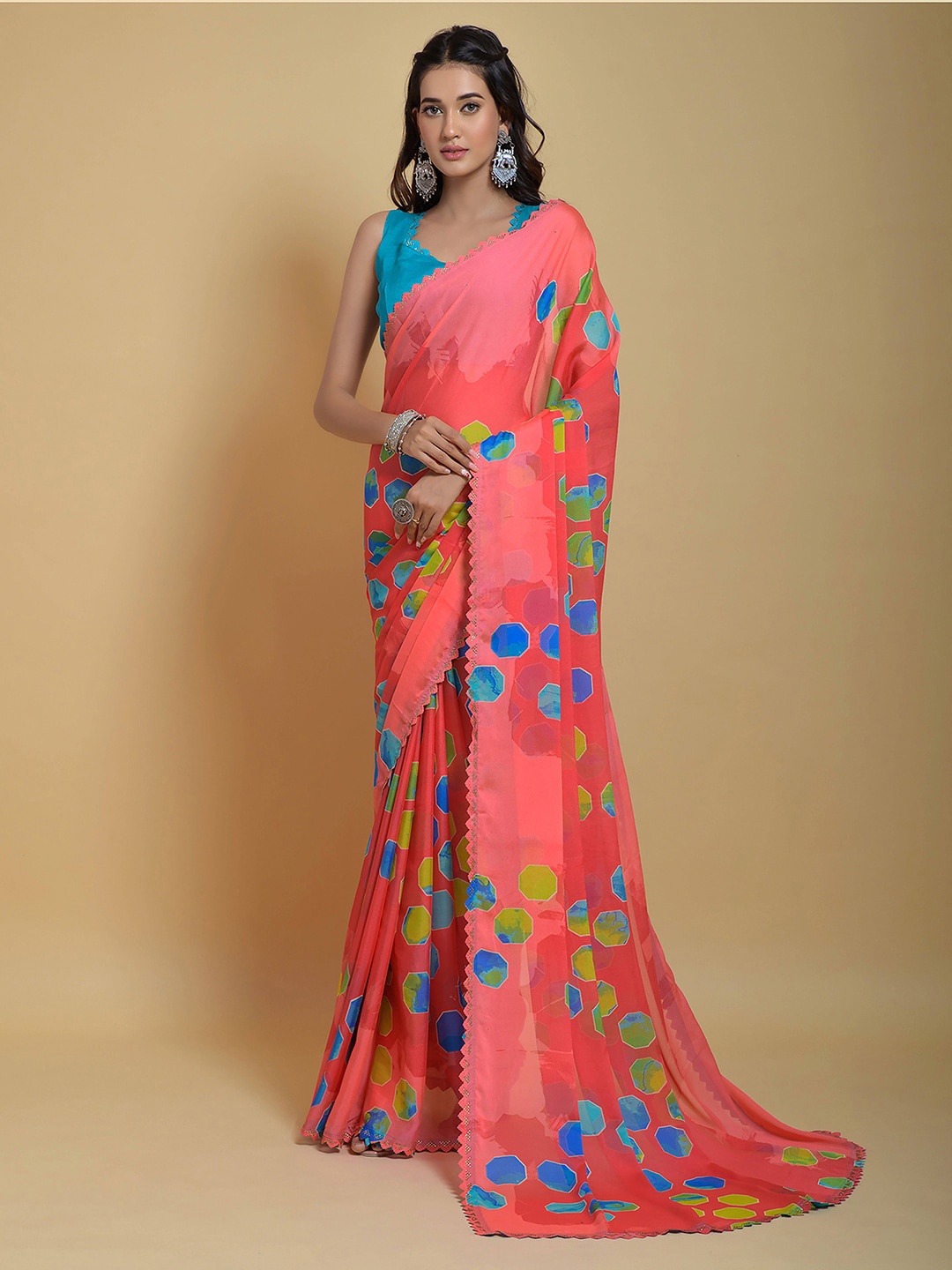 

Satrani Pink Geometric Printed Embellished Saree