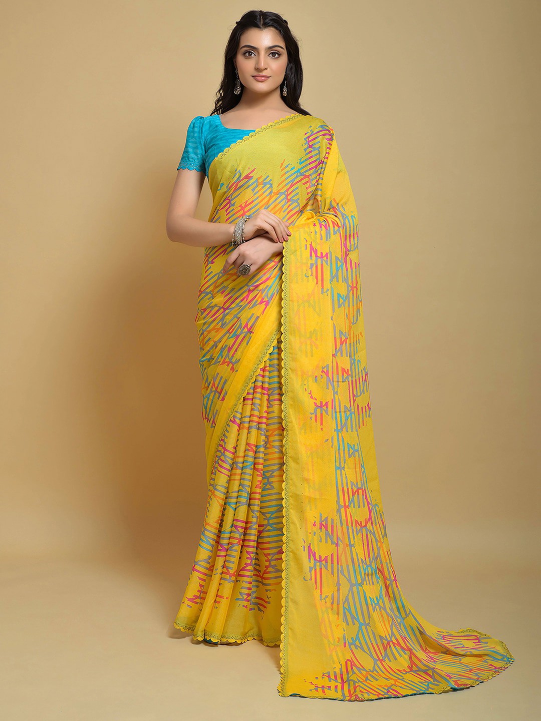

Satrani Yellow Geometric Printed Embellished Saree