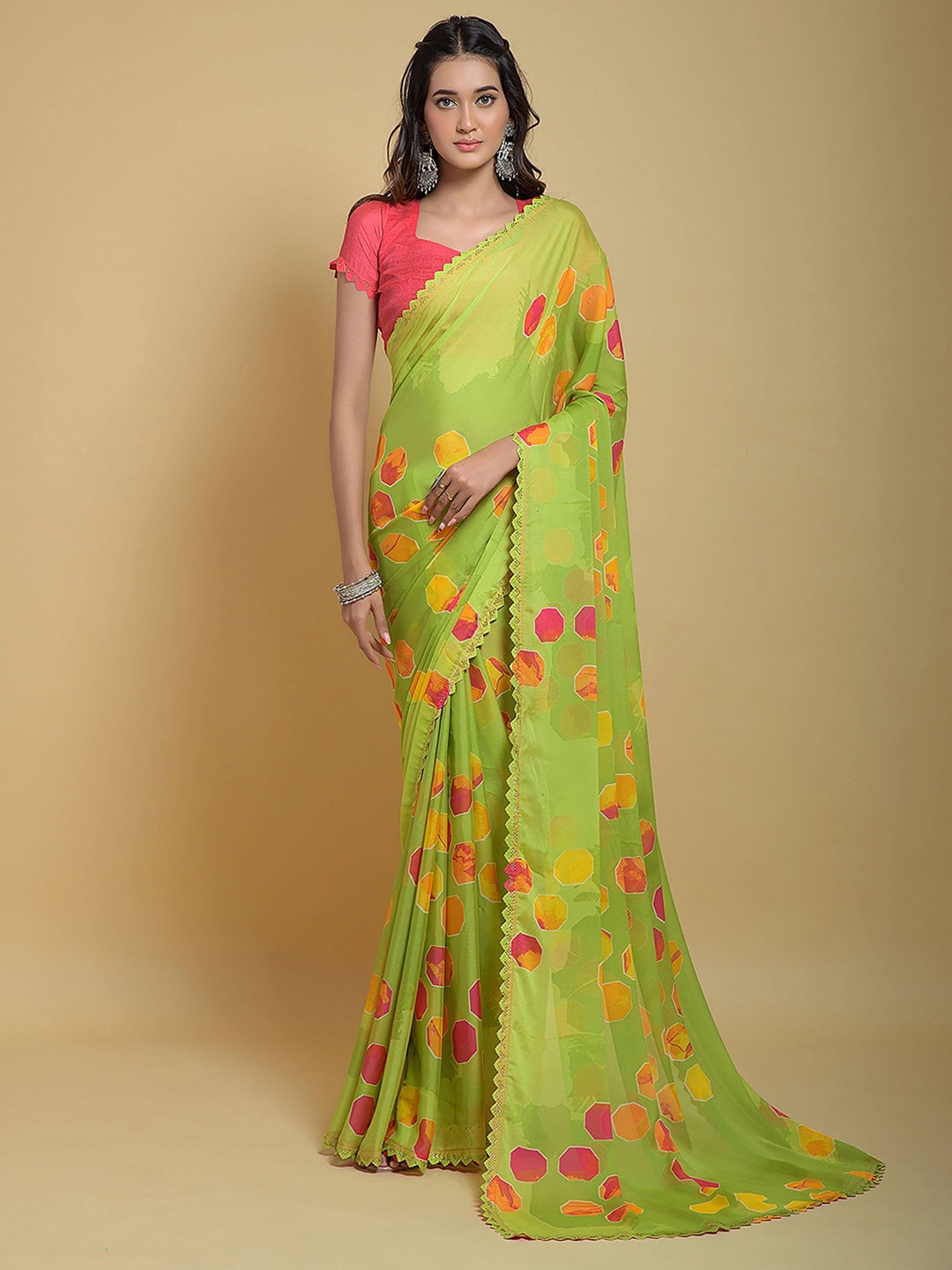 

Satrani Geometric Printed Beads and Stones Saree, Green