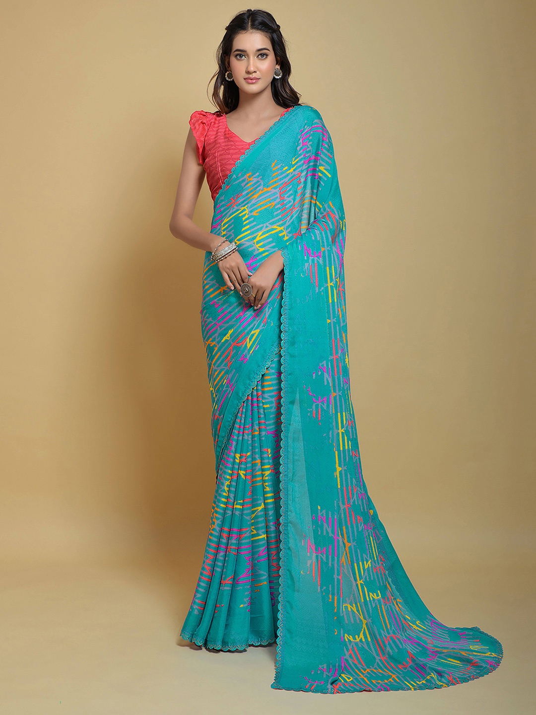 

Satrani Geometric Printed Beads and Stones Poly Georgette Saree, Turquoise blue