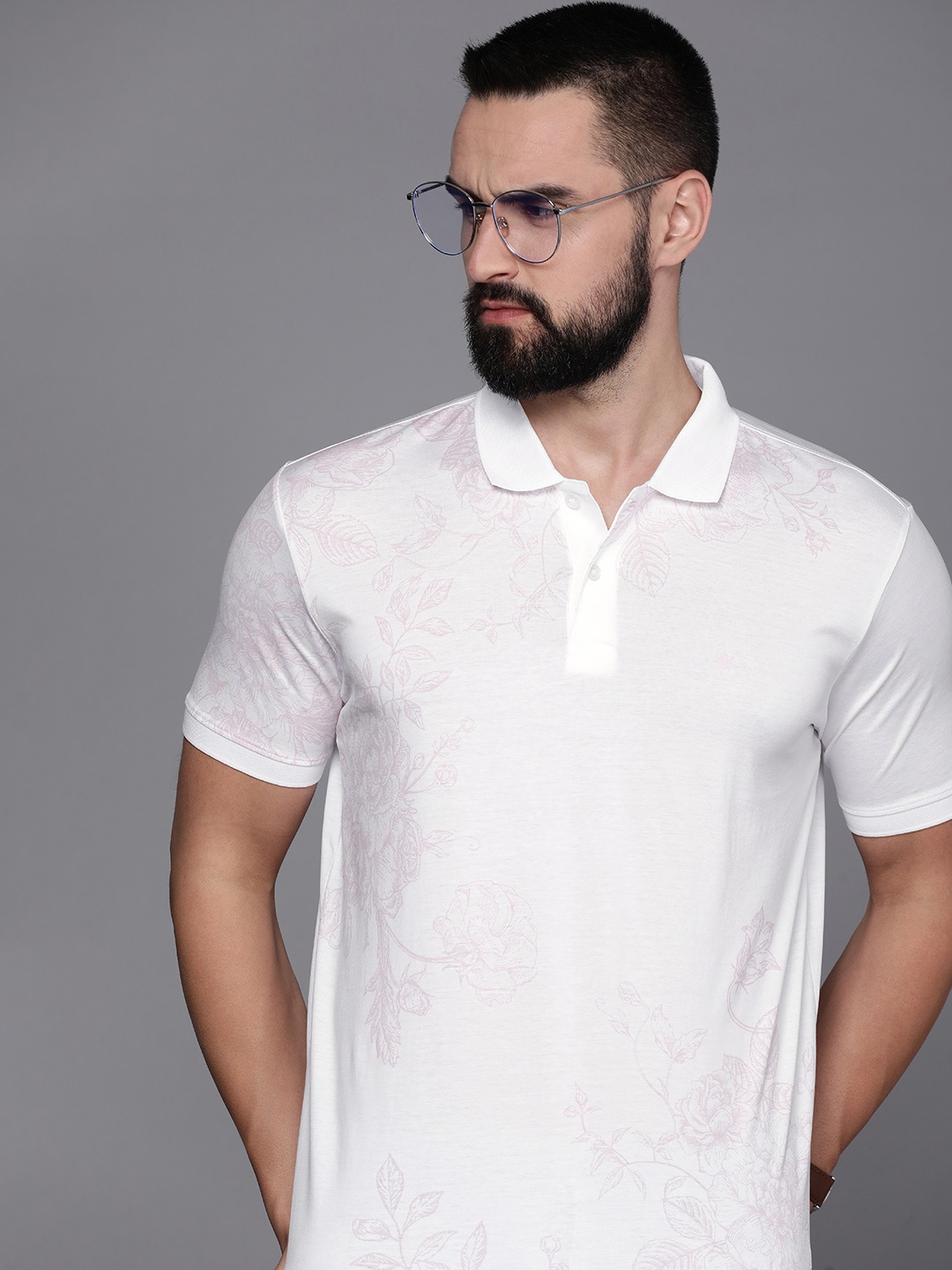 

Louis Philippe Sport Men Floral Printed Polo Collar Pure Cotton T-shirt, White