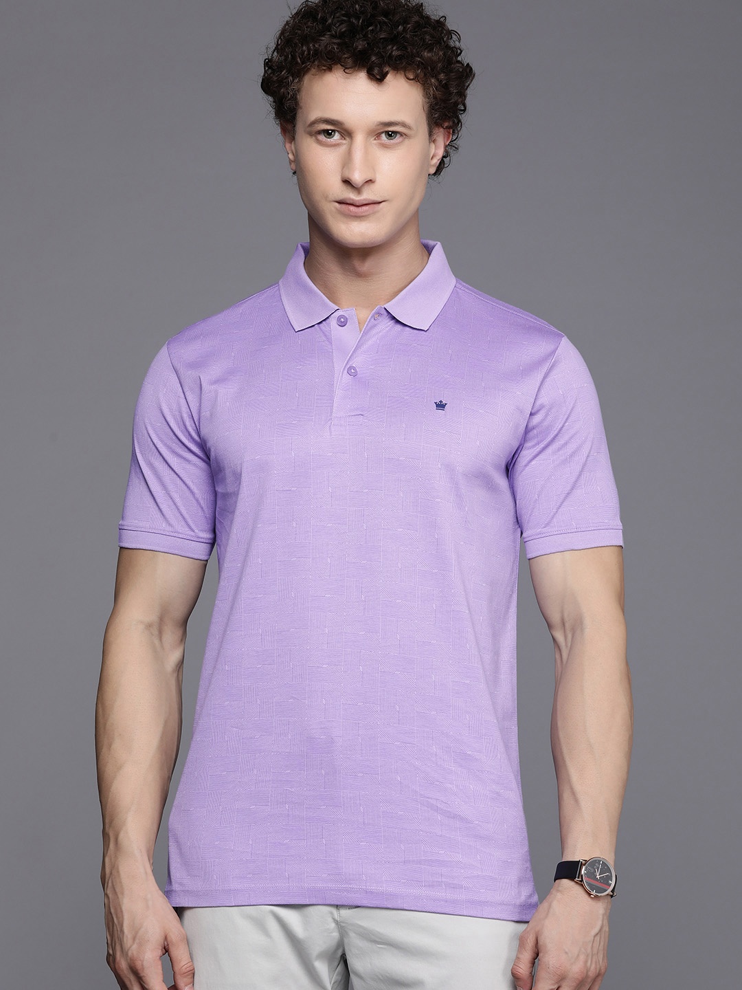

Louis Philippe Sport Pure Cotton Geometric Printed Polo Collar Casual T-shirt, Purple
