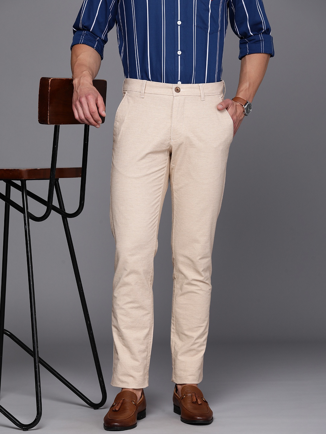 

Louis Philippe Sport Men Textured Slim Fit Chinos Trousers, Beige