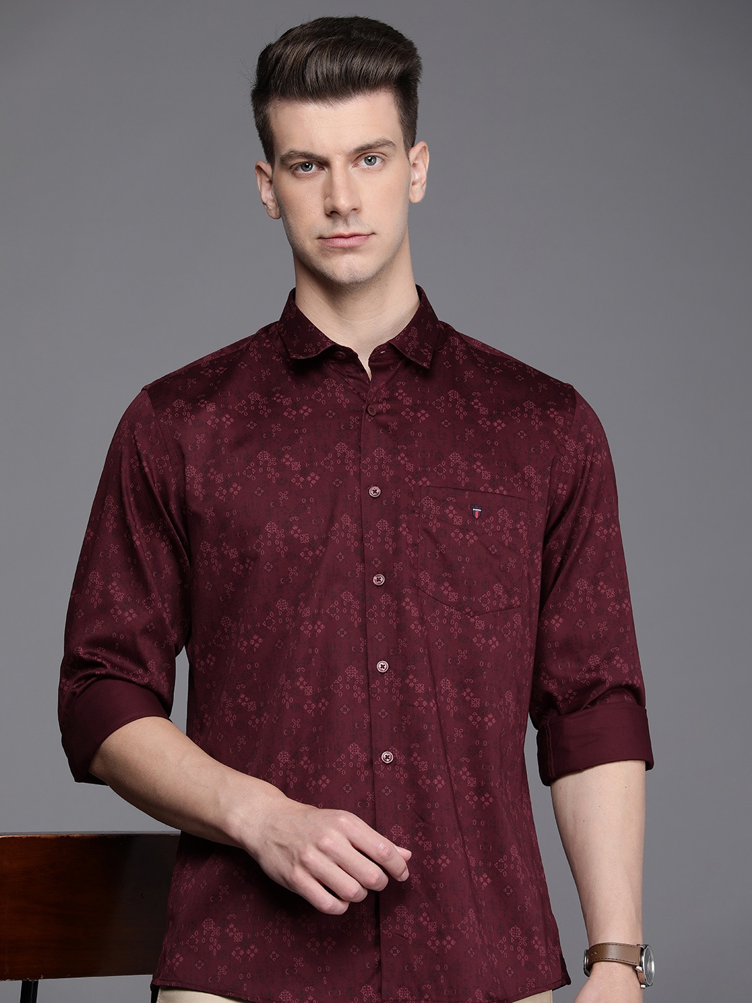 

Louis Philippe Sport Slim Fit Ethnic Motifs Printed Pure Cotton Casual Shirt, Maroon