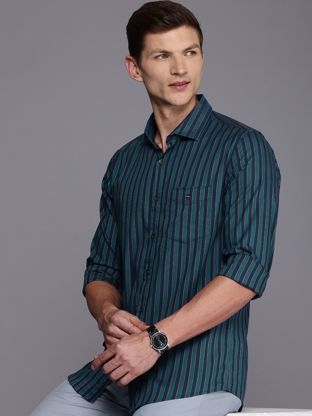 

Louis Philippe Sport Super Slim Fit Opaque Striped Casual Shirt, Navy blue