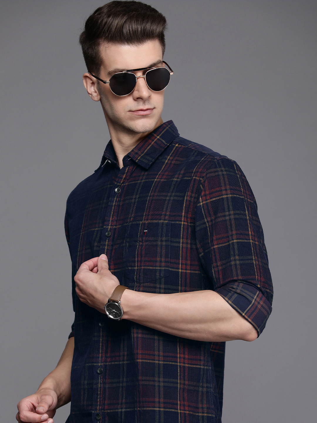 

Louis Philippe Sport Pure Cotton Slim Fit Checked Casual Shirt, Navy blue