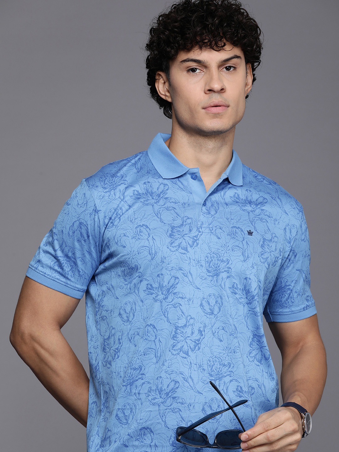 

Louis Philippe Sport Pure Cotton Floral Printed Polo Collar Casual T-shirt, Blue