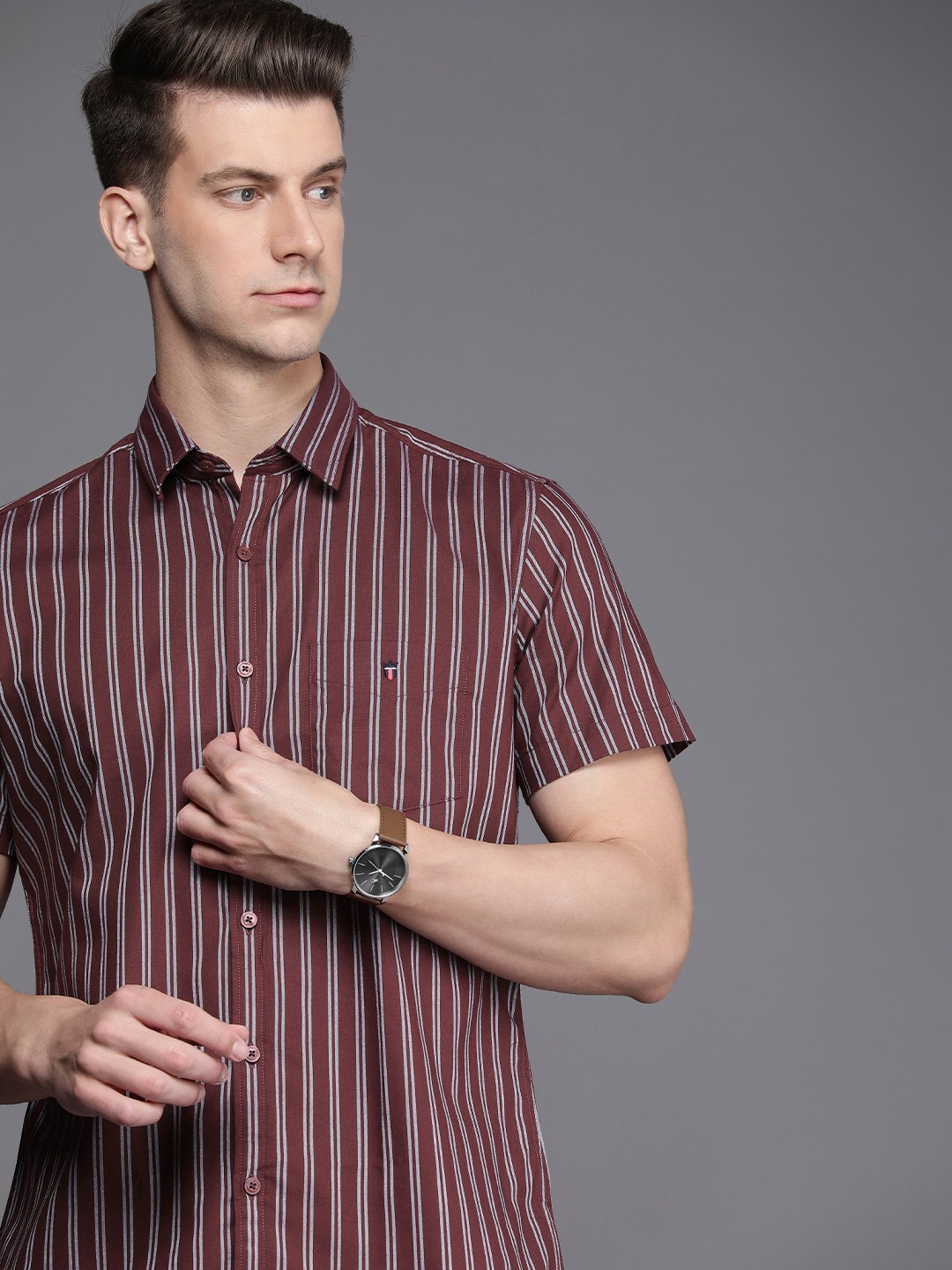 

Louis Philippe Sport Pure Cotton Slim Fit Striped Casual Shirt, Maroon