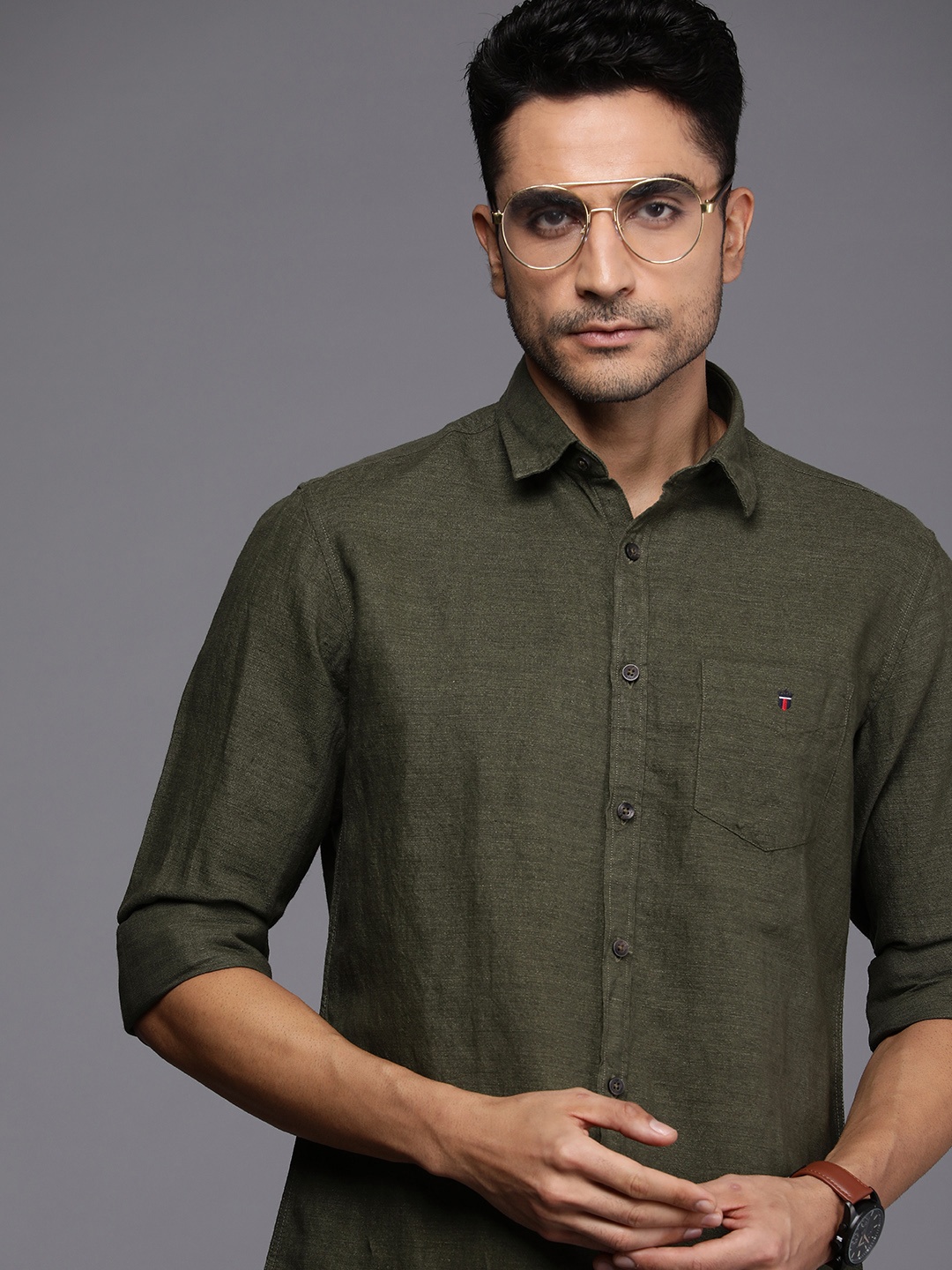 

Louis Philippe Sport Men Linen Cotton Slim Fit Casual Shirt, Olive