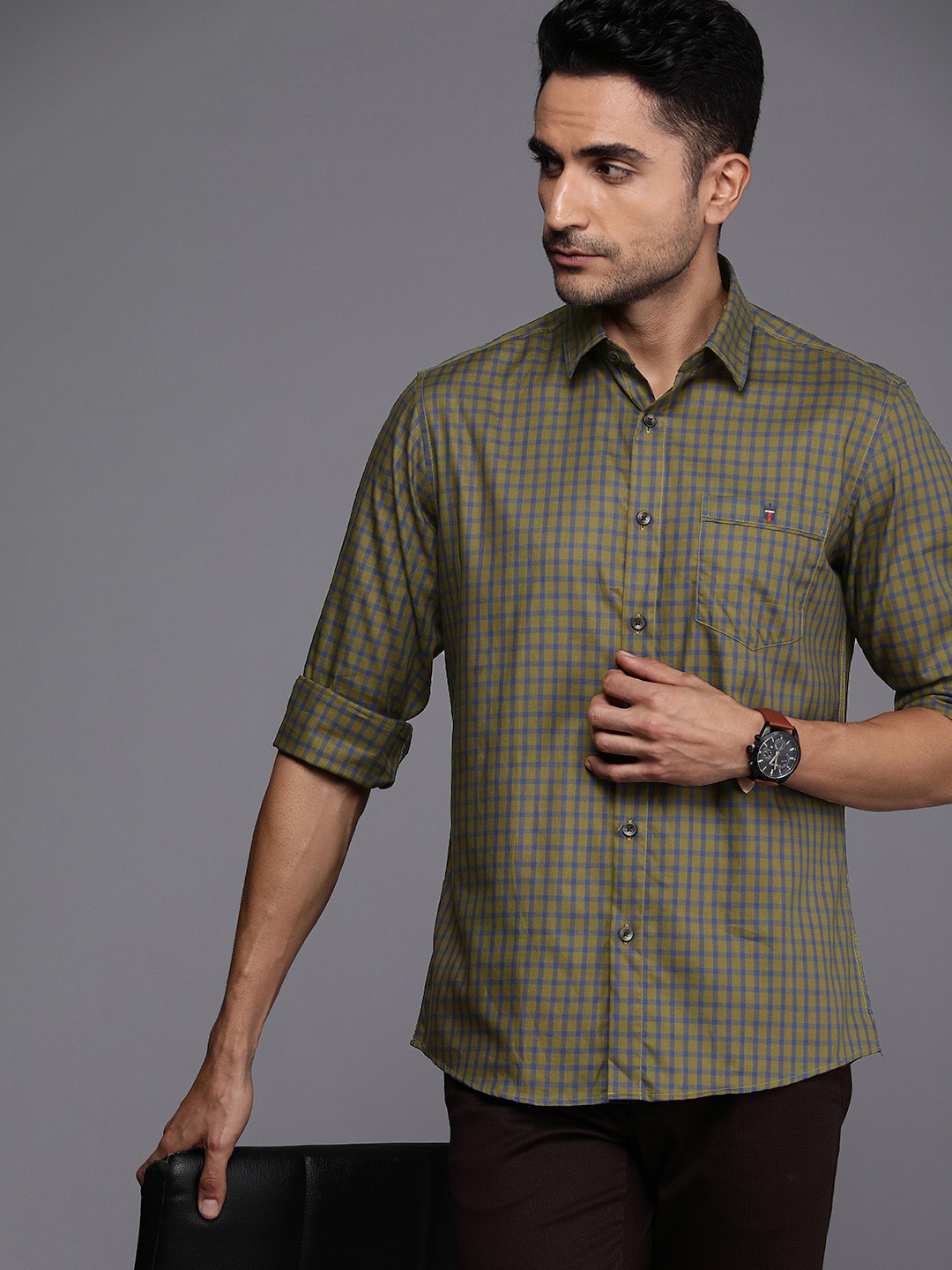 

Louis Philippe Sport Slim Fit Cotton Checked Casual Shirt, Olive