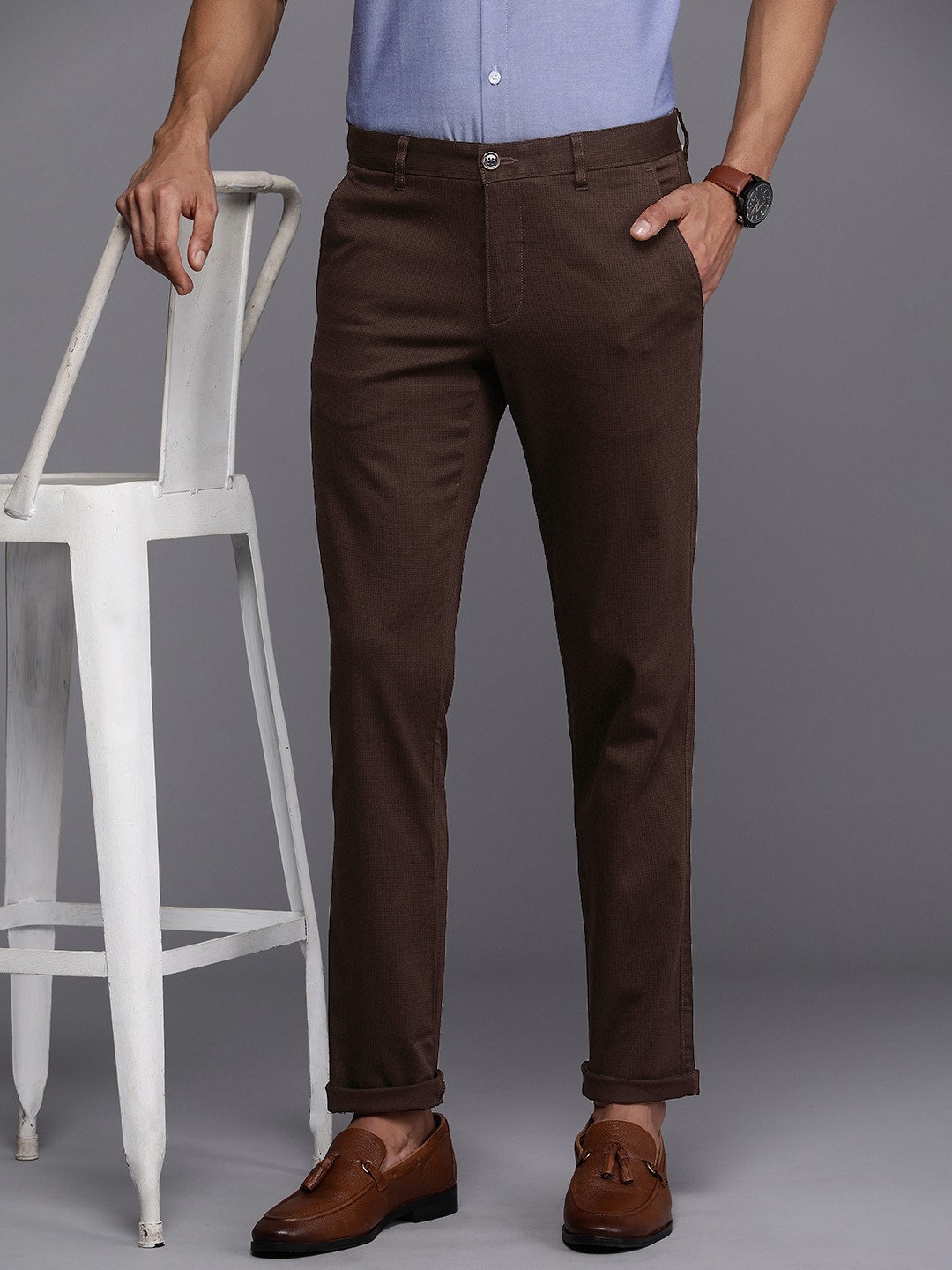 

Louis Philippe Sport Men Mid-Rise Polka Dot Printed Slim Fit Chinos, Brown