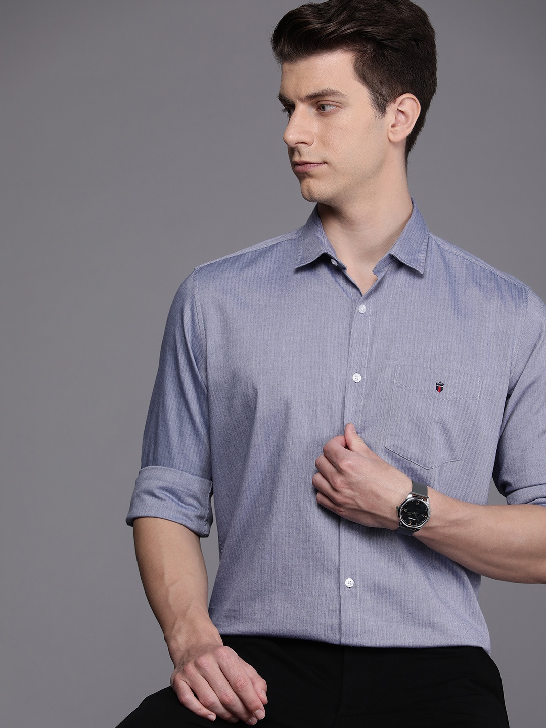 

Louis Philippe Sport Slim Fit Self-Striped Pure Cotton Casual Shirt, Blue