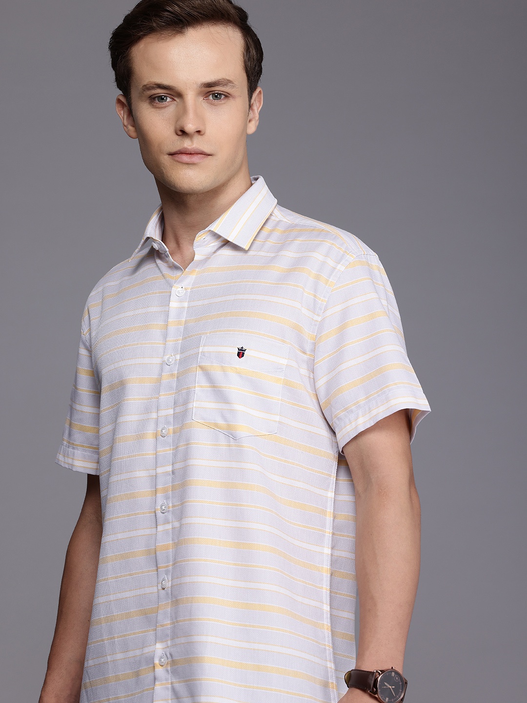 

Louis Philippe Sport Slim Fit Horizontal Stripes Pure Cotton Casual Shirt, Grey