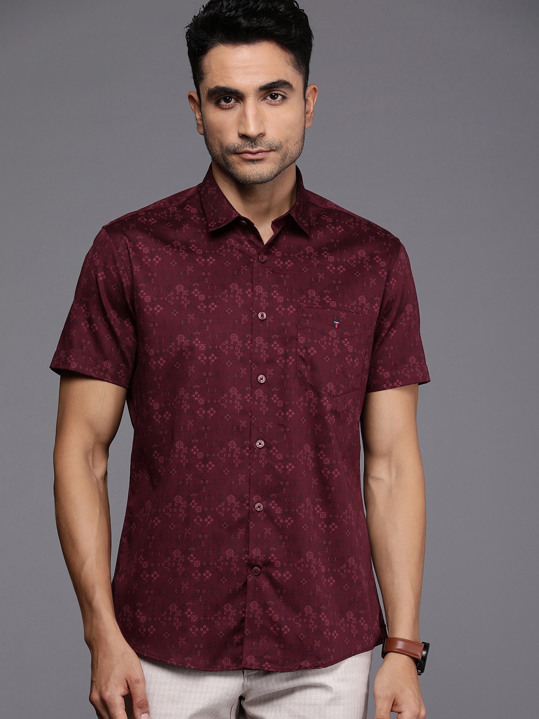 

Louis Philippe Sport Slim Fit Ethnic Motifs Printed Cotton Casual Shirt, Maroon