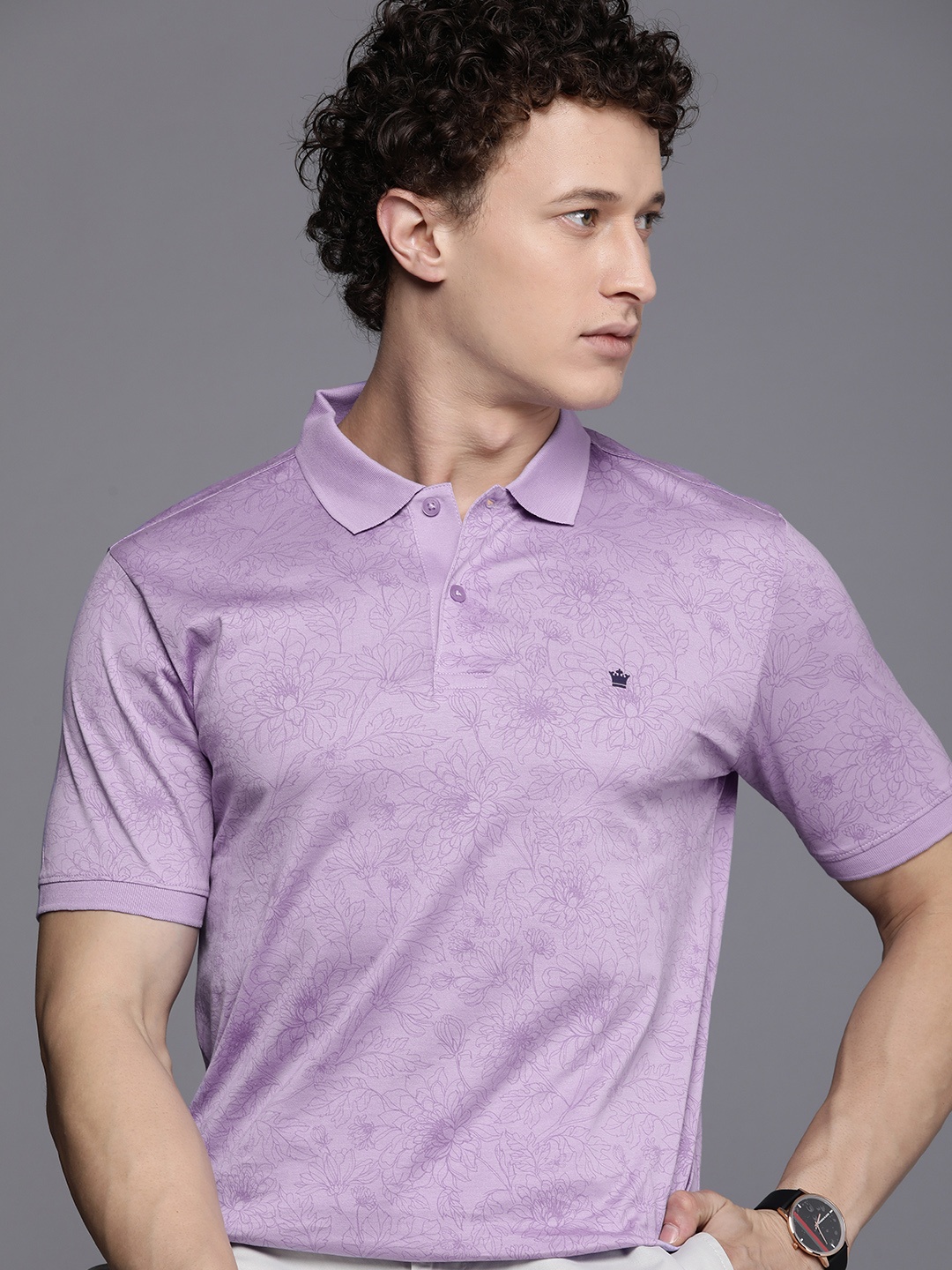 

Louis Philippe Sport Floral Printed Polo Collar Pure Cotton T-shirt, Lavender