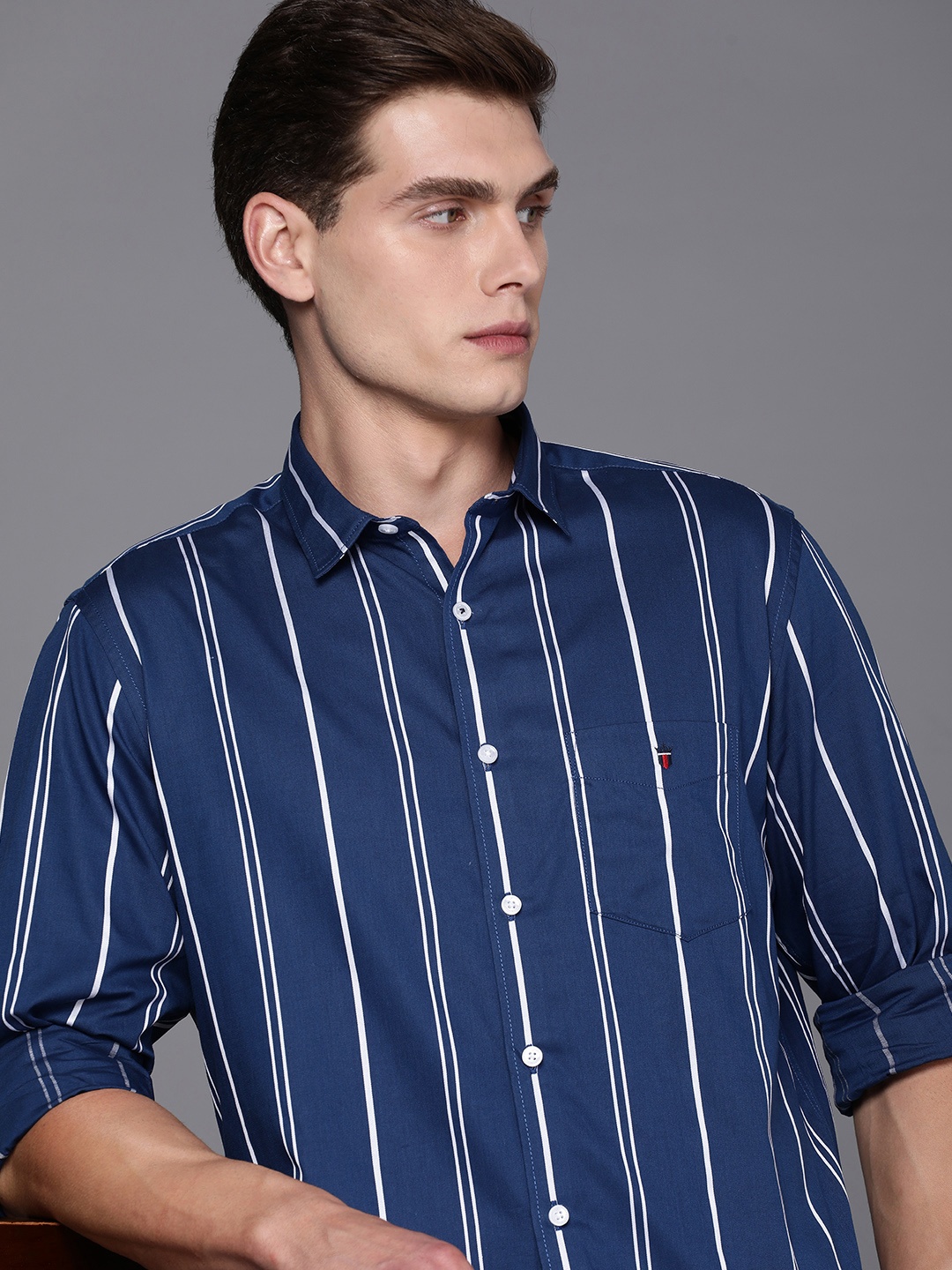 

Louis Philippe Sport Slim Fit Pure Cotton Striped Casual Shirt, Navy blue