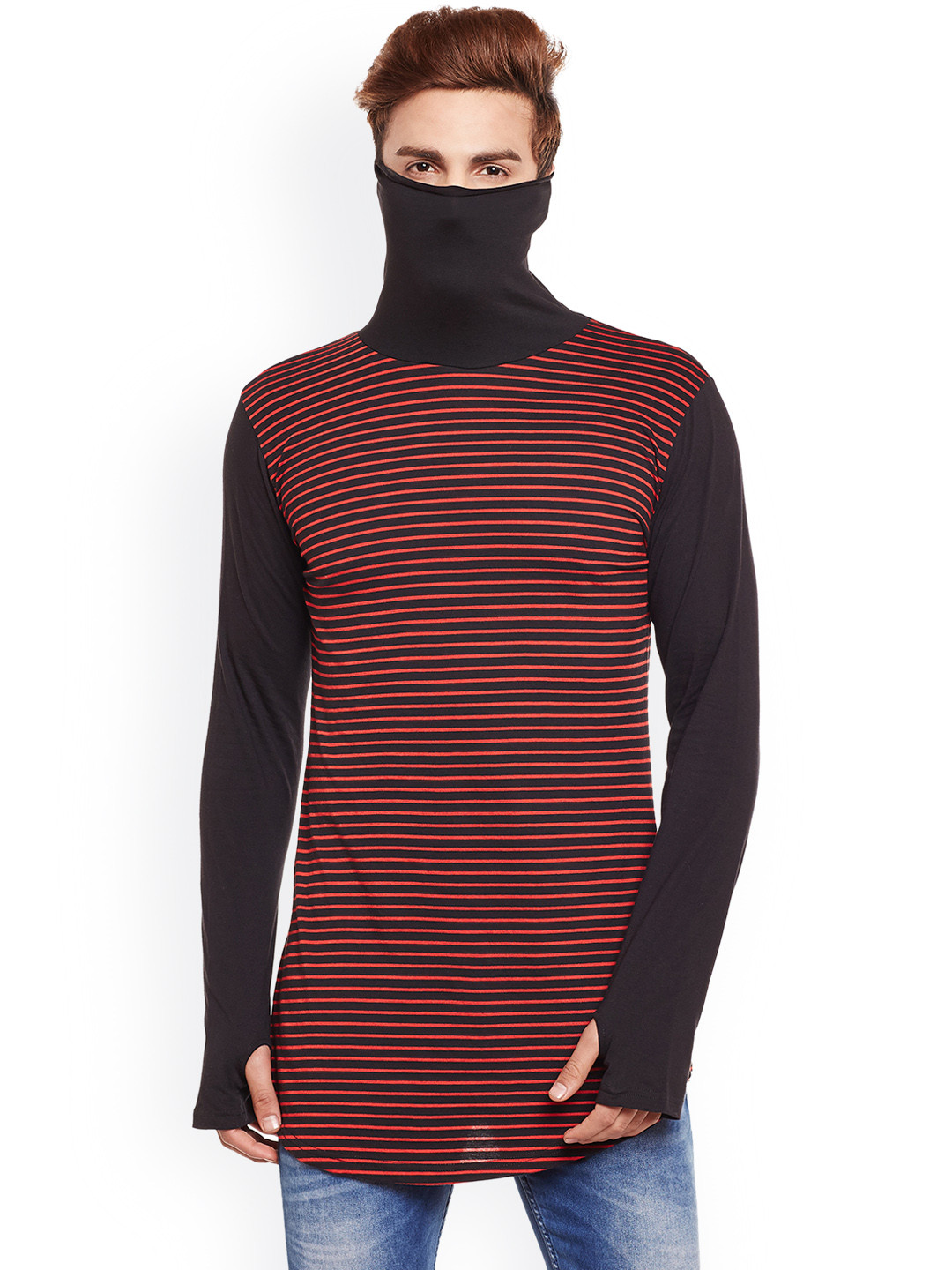 

Hypernation Men Red Striped Turtle Neck T-shirt